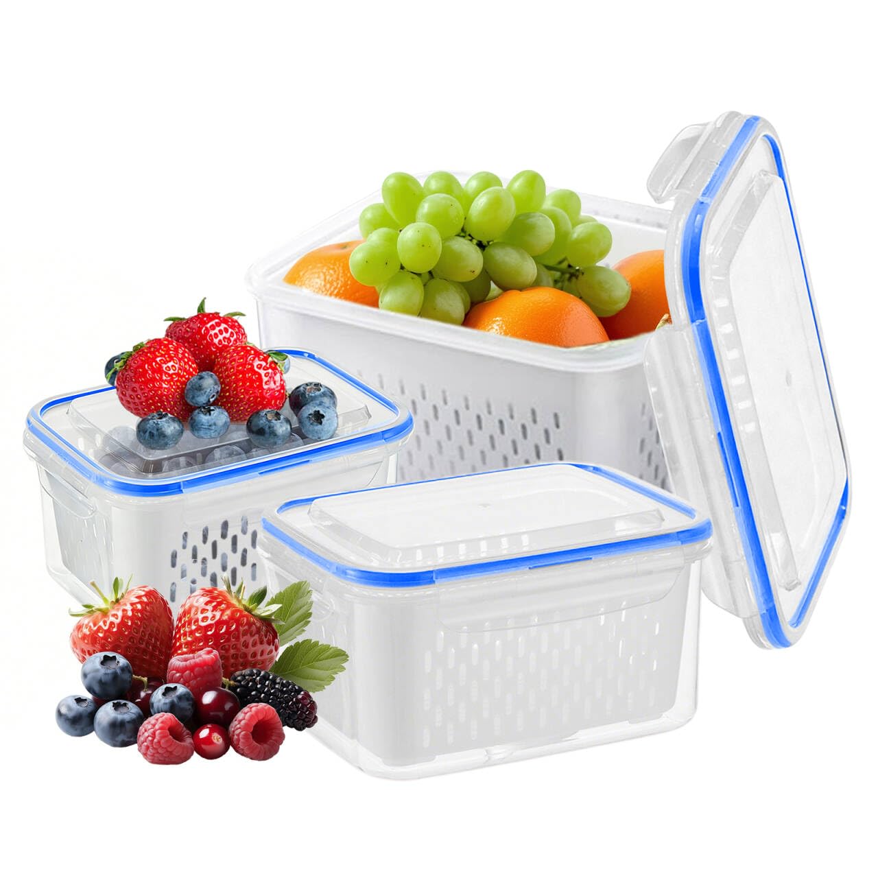 Rthynti 3 Set Fridge Fruit Storage Containers with Colander, Leak Proof Fridge Containers, Fresh Food Storage with Lids Airtight for Meat Fruit Vegetables(Blue)