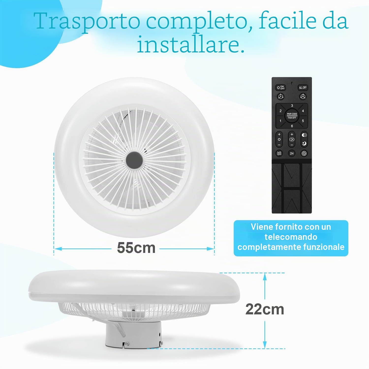 𝐅𝐨𝐠𝐦𝐢𝐞𝐚 Ventilatore da soffitto Fero con luce 80W, plafoniera a LED dimmerabile con ventilatore, 6 velocità, telecomando e app, modalità estate e inverno, 3000–6500K, Ø 55CM