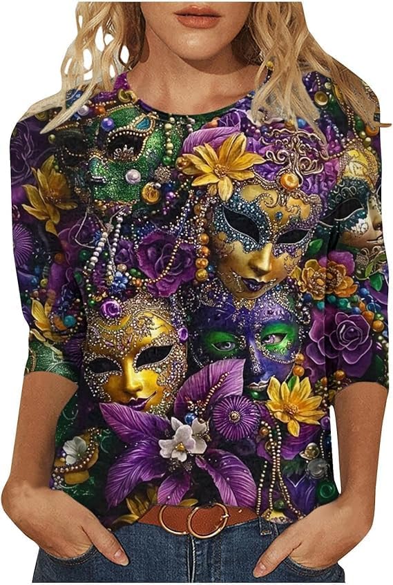 Mardi Shirts for Women 2026 Funny New Orleans Carnival Party Outfit Vintage Graphic Tops 3/4 Sleeve Blouse Gifts