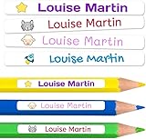 50 personalisierte Klebeetiketten für Bleistifte und Kugelschreiber. Schulaufkleber mit Namen zum Markieren von Gegenständen. Wasserfeste Aufkleber für Schule und Kindergarten Maße 4,6 x 0,6 cm