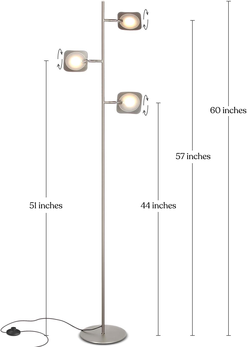 Suреr Brаndѕ Brightech Tree Spotlight LED Floor Lamp - Very Bright Reading, Craft and Makeup 3 Light Standing Pole - Modern Dimmable & Adjustable Panels - Corner Lamp - Satin Nickel