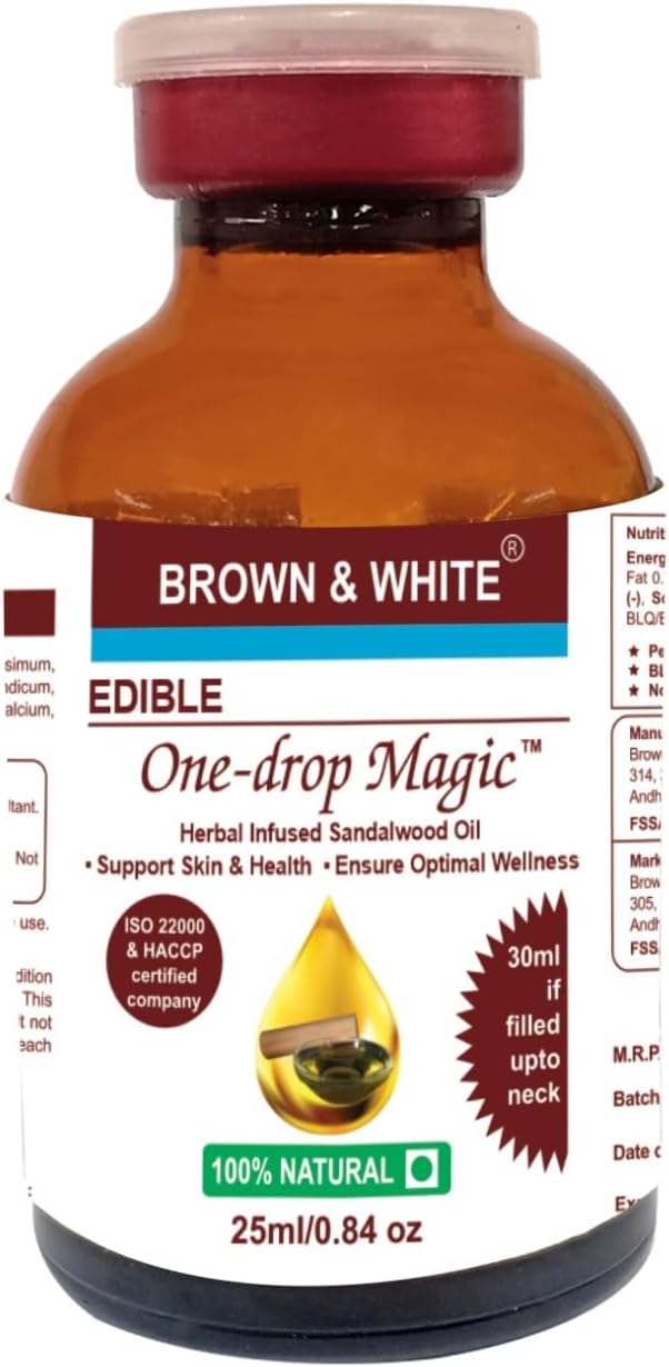 Brown & White Edible Veg Sandalwood Oil with Carom, Linseeds and Prunus Dulcis Extracts, 25 ml