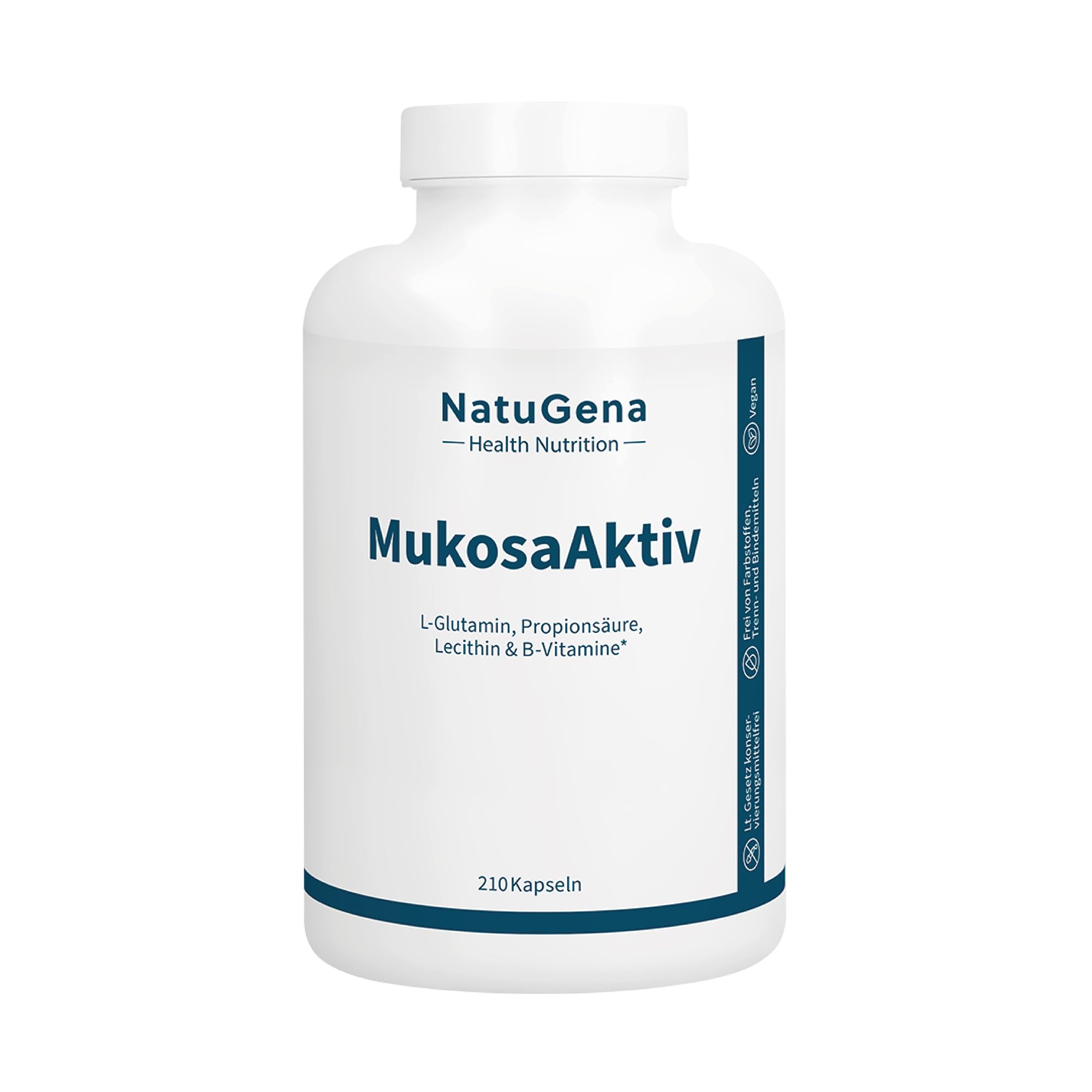 NatuGena Mukosa Aktiv L-Glutamin (2000 mg), Lecithin (1.500 mg), L-Alanyl-L-Glutamin (200 mg), Propionsäure (250 mg), hohe Bioverfügbarkeit, 210 Kapseln (30 Tage Packung)