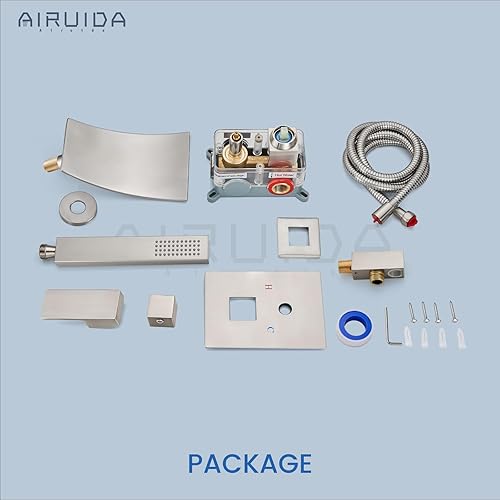 Miniatura 9 de Airuida Grifo de bañera de montaje en pared, níquel cepillado con rociador de ducha de mano, boquilla de cascada con moderno grifo de llenado de