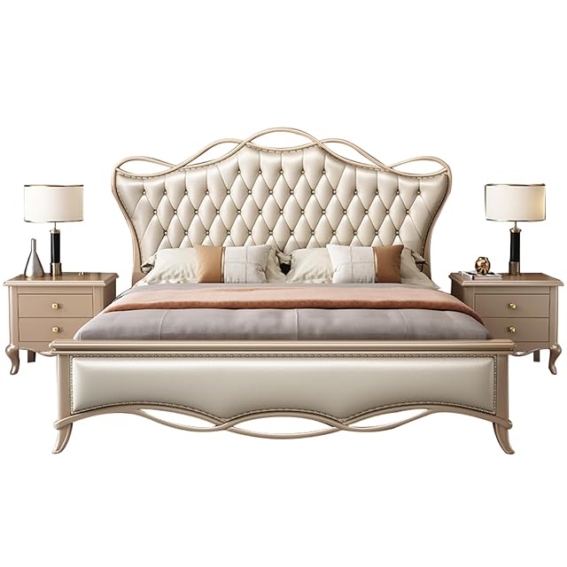 King Size Genuine Leather Wood Bed Upholstered Platform Bed Frame with Headboard and Drawers Strong Wooden Slat Support