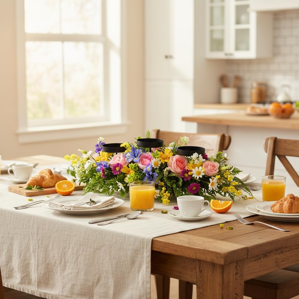 Spring Summer Centerpiece with 3 Candle Holders, 24 Inch Colorful Artificial Wildflower Arrangement with Roses, Daisies, and Irises, Ideal for Farmhouse and Country Style Table Decorations