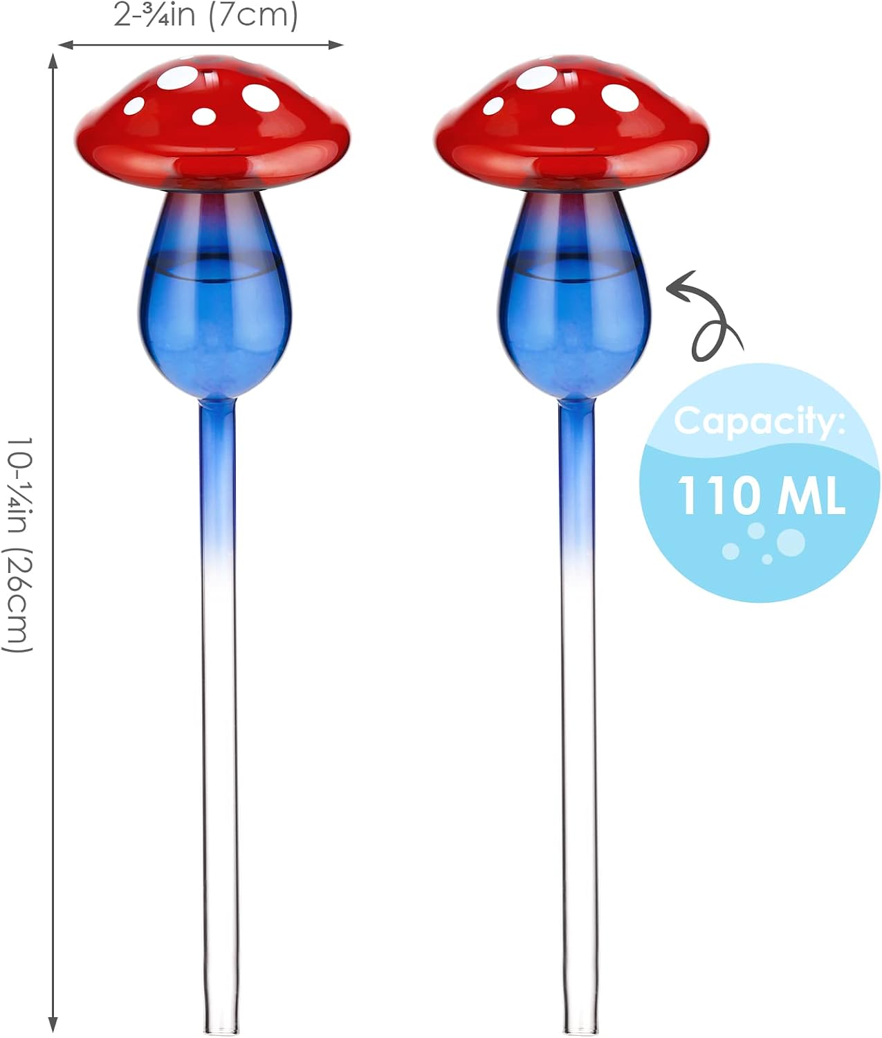 NiHome Mushroom Spike Self-Watering Bulb 2-Pack 10" Long Gradient Red Blue Hand-Blown Glass Globe Pot Plant Waterer for Home Indoor Outdoor Garden Patio Hanging Flower Automatic Irrigation System