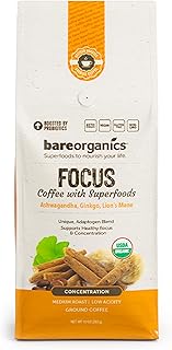Focus Coffee with Superfoods - Organic Probiotic Mushroom Ground Bagged Coffee, Supports Healthy Focus & Digestion, Infused with Ashwagandha, Lion's Mane, and Cinnamon, USDA Certified Organic - 10 oz