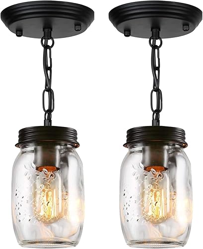 PUZHI HOME Paquete de 2 lámparas de tarro de masón, 1 luz de isla de cocina, candelabro de cristal para casa de campo, cerca del techo, para