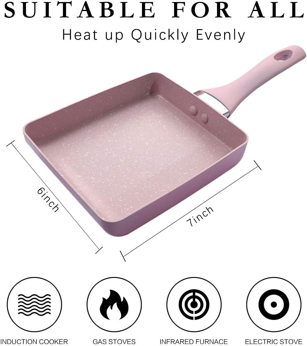 NILKANTH Japanese Omelette Pan Nonstick Tamagoyaki Square Egg Pan, 7’’x 6’’ Retangle Small Frying Pan with Anti Scalding Handle, Silicone Spatula (Pink)