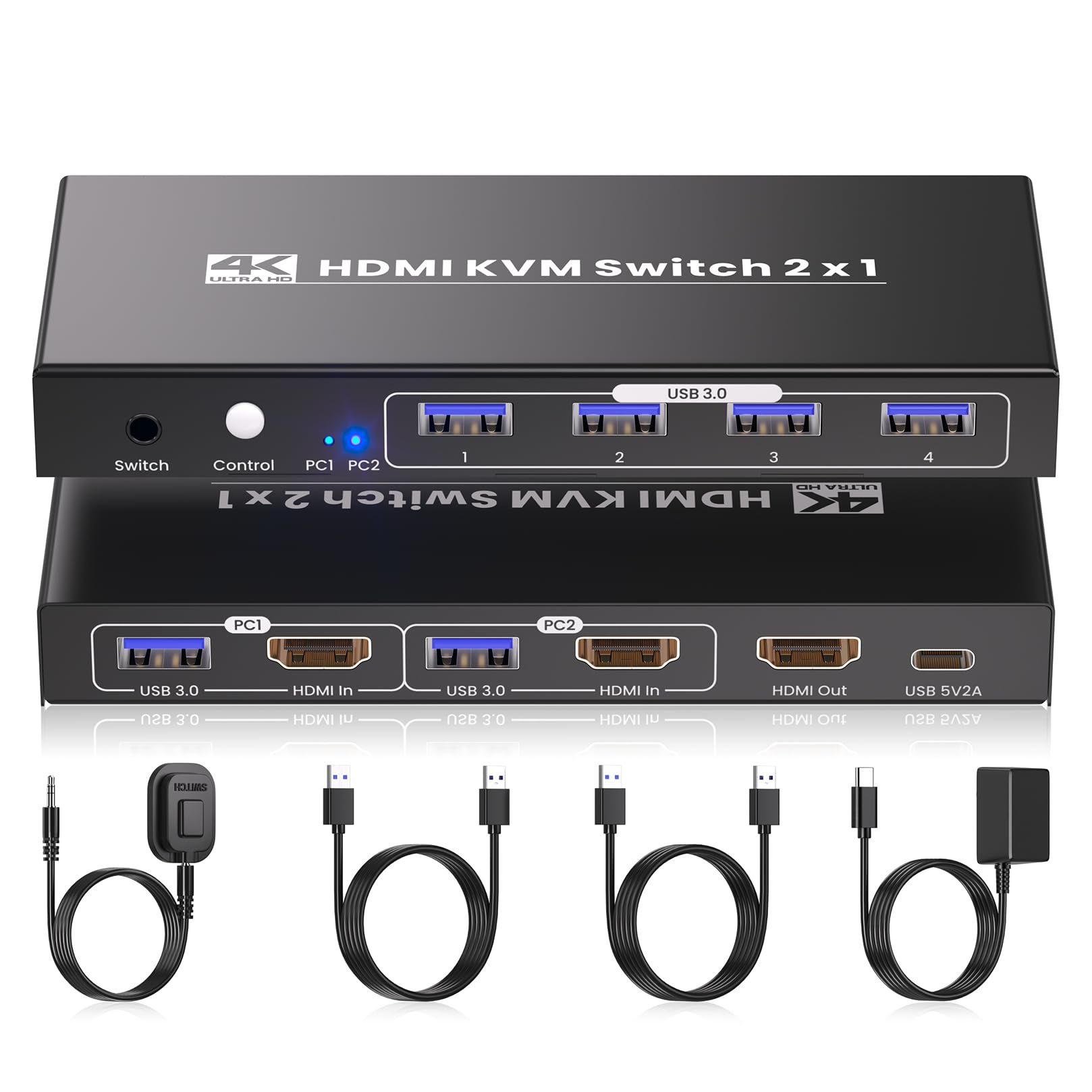 Commutateur KVM HDMI à 2 ports, USB 3.0 4K60Hz KVM Switch 1 moniteur, 2 ordinateurs pour 2 PC Partager 1 moniteur et 1 jeu de souris clavier, 4 ports USB 3.0 pour périphérique