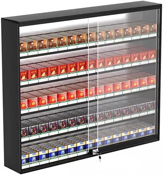 GZHERVICES Cigarette Showcases Rack, Wall Mounted Cigarette Case Shelf, Cigarette Display Holder with Sliding Door and Lock, for Market Store Retail(44.5x17.3x60cm)