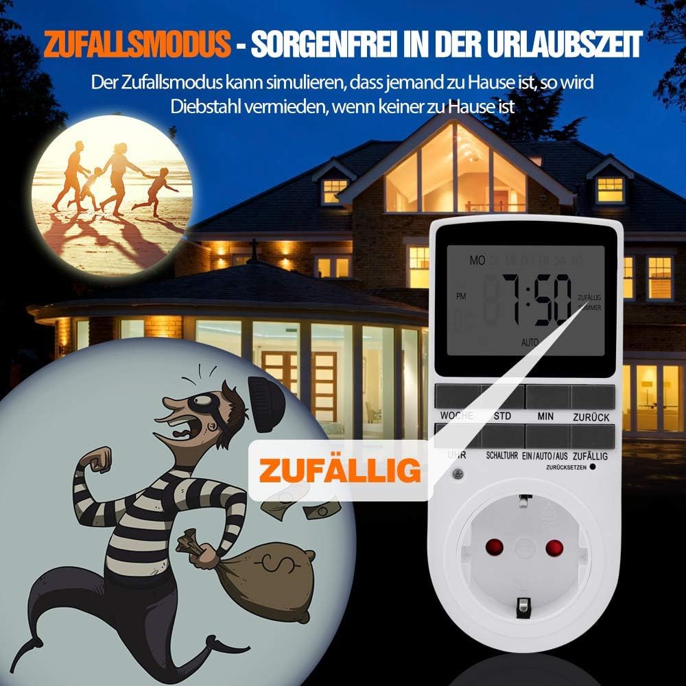 Nach Maß Deutsche Ausführung Zeitschaltuhr Steckdose - 3 PCS| Elektrische Zeitschaltuhr Digital mit Deutsche System und Tasten | 10 konfigurierbare Programme | 12/24h Modus, Weiß