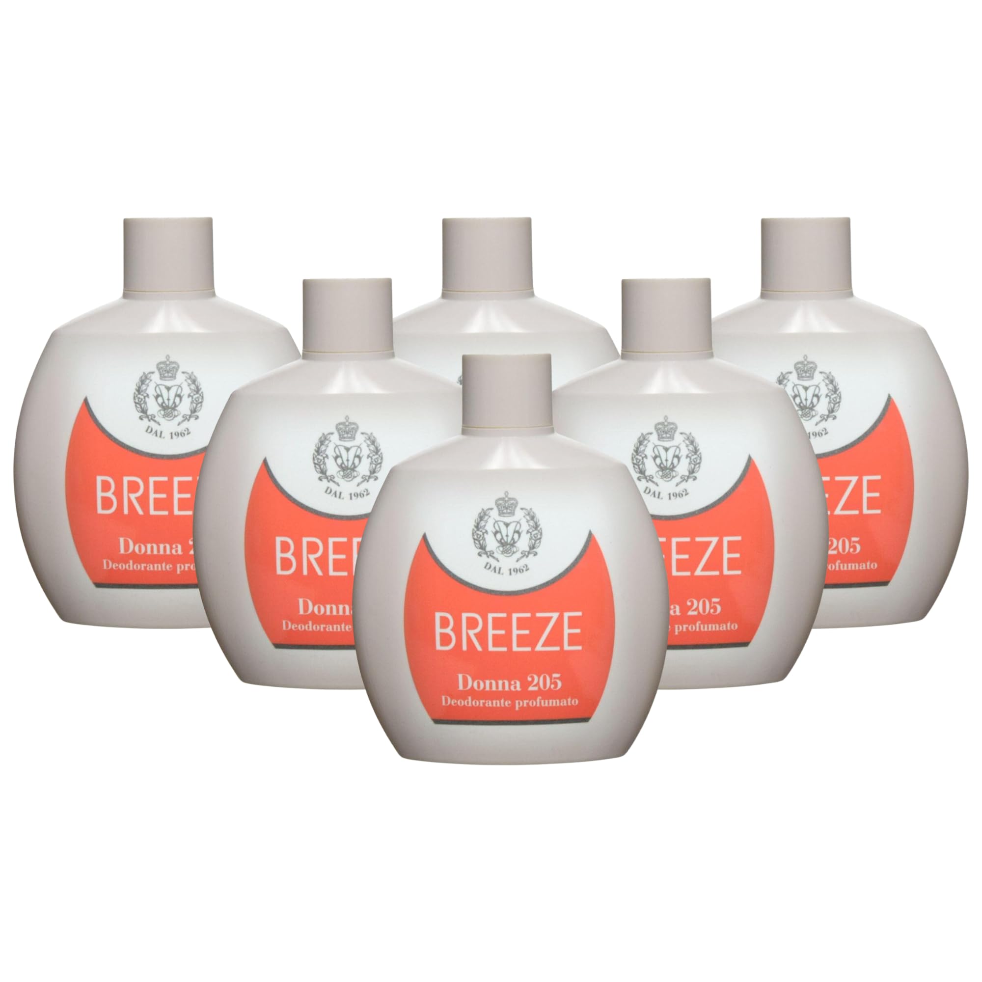 Deodorante Profumato, DONNA 205, Garantisce Un'Efficace Azione Deodorante Fino a 48h. Regala Freschezza e Protezione, No Gas, Formulato Senza Sali Di Alluminio 100ml (6 Unità)