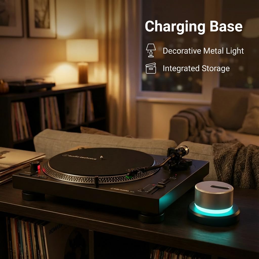 HumminGuru LUMI Plattengewicht Stabilisator und Plattenspieler Geschwindigkeitstester | 33/45/78 RPM Stroboskopscheibe und Licht | 300g Aluminium Gewichtsklammer | 9 LED Farbambienteleuchte Auto-Aus