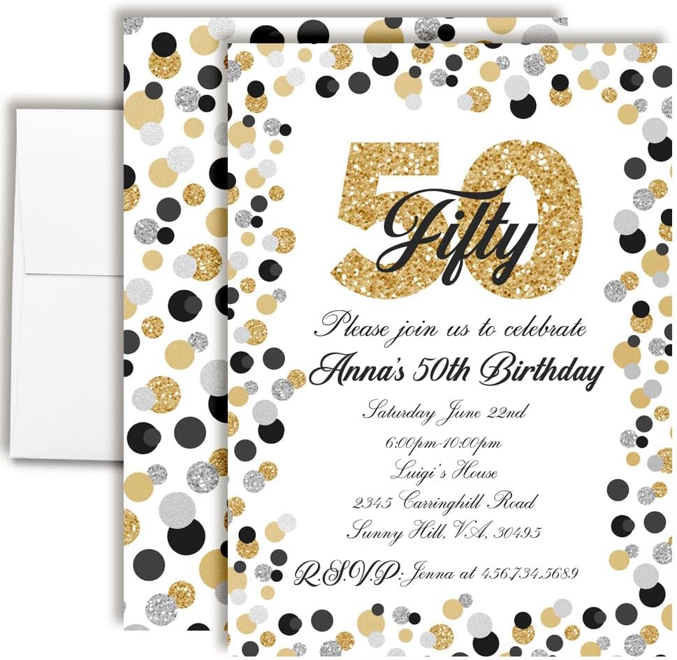 Custom 50th Birthday Invitations 20 Pack 5x7 Fill-In Cards with Envelopes, Silver Gold Polka Dot Design Party Invitations, Elegant Milestone Celebration Stationery, Made in USA by Amanda Creation