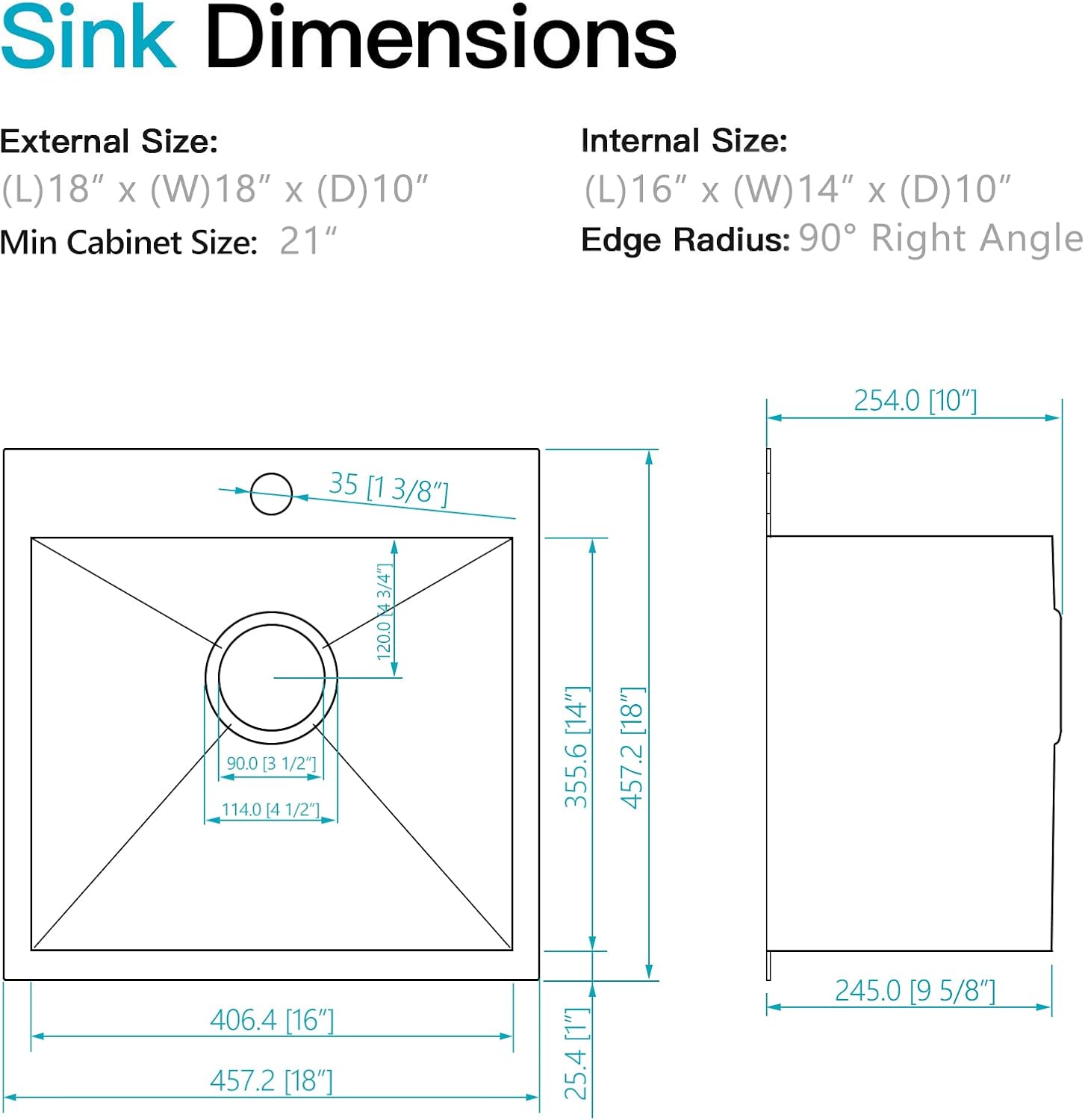 18 Drop In Black Bar Sink, ZDHHT 18 x 18 x 10 Inches 16 Gauge T304 Black Stainless Steel Small Kitchen Sink Topmount Bar Prep Sink Island Outdoor Laundry Square RV Sink