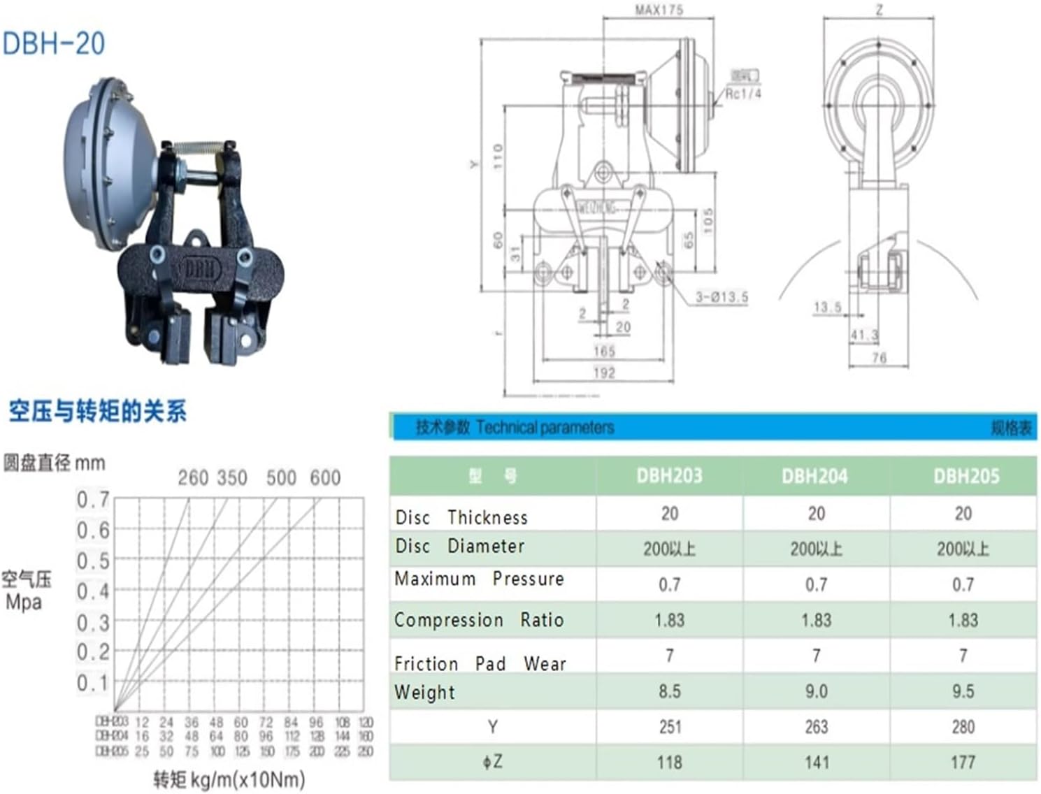 横型エアコンプレッサー ディスクブレーキ DBH204(左) クランプディスクブレーキ