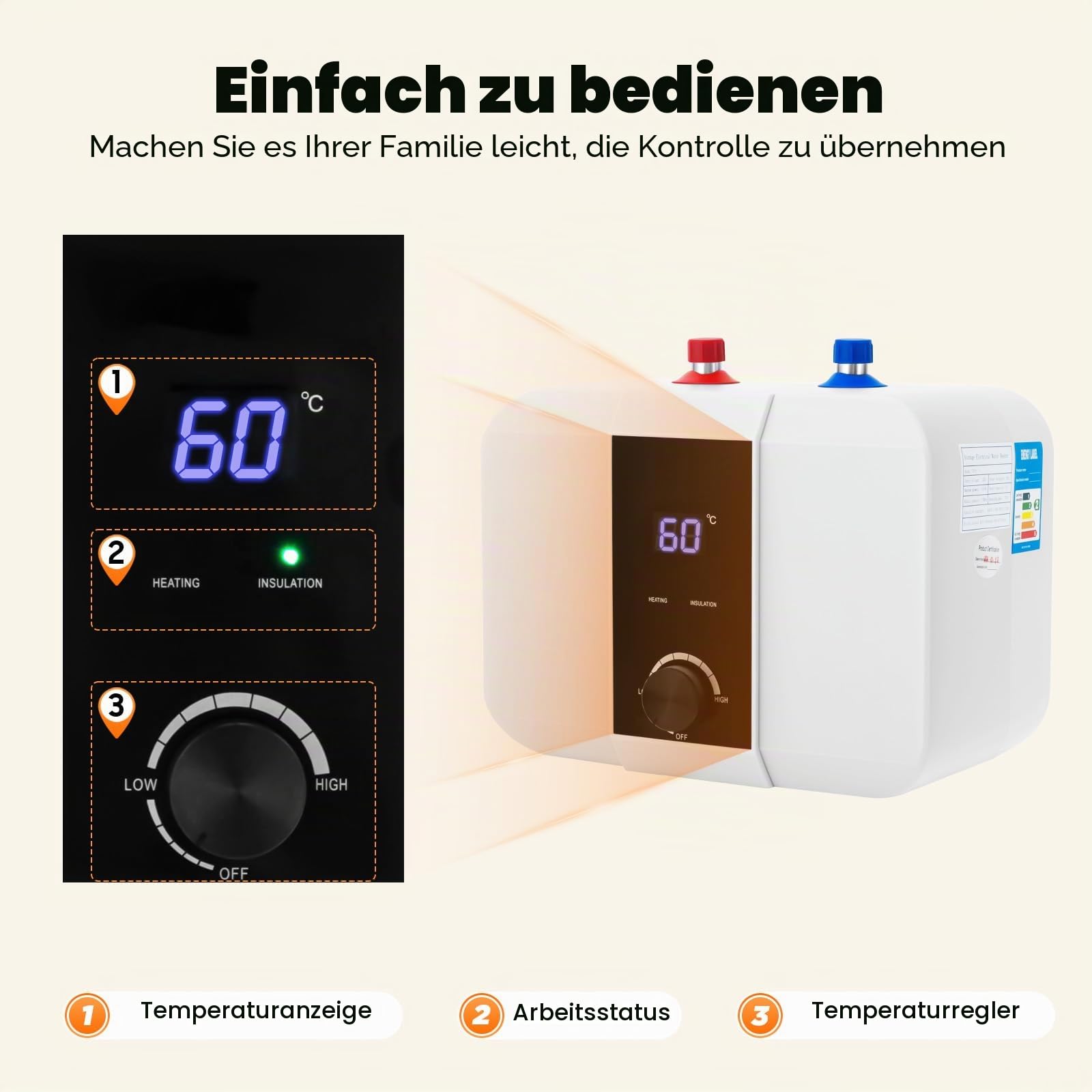 6L Untertischboiler Elektrisch, 1500W Warmwasserspeicher 0-65 °C mit Digitaler Anzeige, Warmwasserbereiter für Küchenspüle, Waschbecken, Badezimmer, Balkon (Weiß)