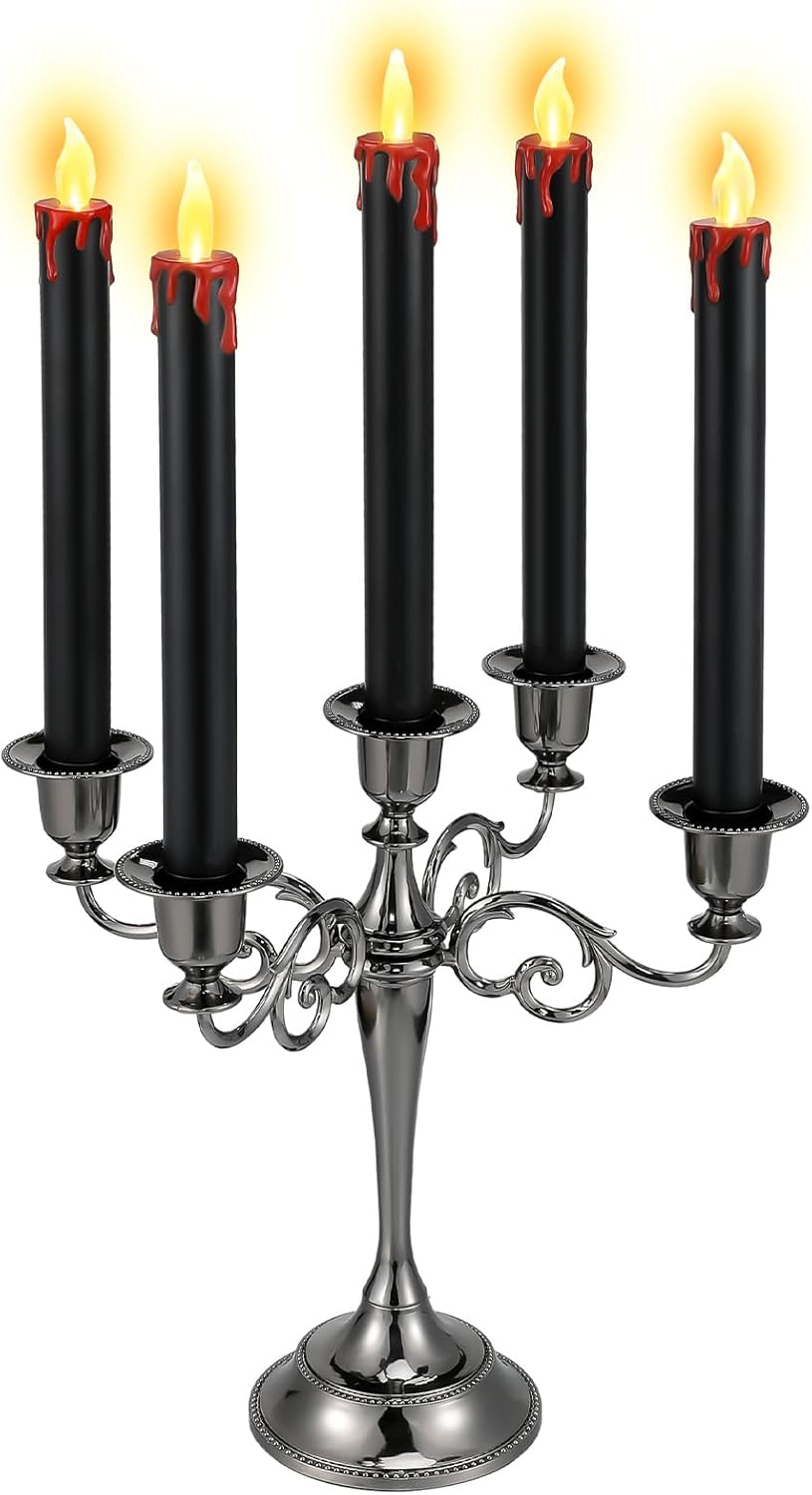 5 arms black metal candle holder 5 pcs plastic led taper candles halloween gothic candelabra battery operated flickering candlesticks for halloween gothic rituals decor