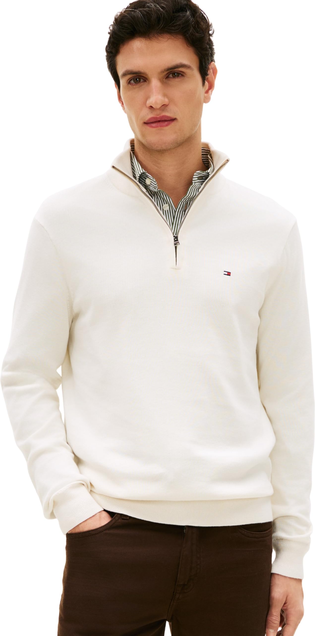 Tommy Hilfiger Men's White Essential Cotton 1/4 Zip Mock Sweatshirt - Ivory Petal  40 L