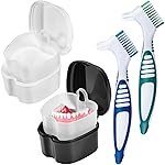 KISEER 2 Pack Denture Bath Case Cup Box Holder Storage Container with Denture Cleaner Brush Strainer Basket for Travel Cleaning (White and Black)