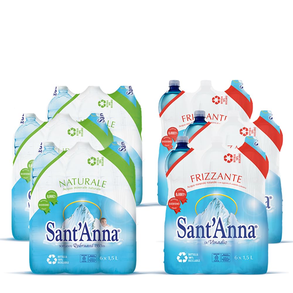 Acqua Sant'Anna Pack 1,5L Mix Naturale e Frizzante | Pack 36 Bottiglie (18 naturale + 18 frizzante) | Acqua Minerale Oligominerale, Minimamente Mineralizzata| Fonte Alpina, Idratante e Leggera