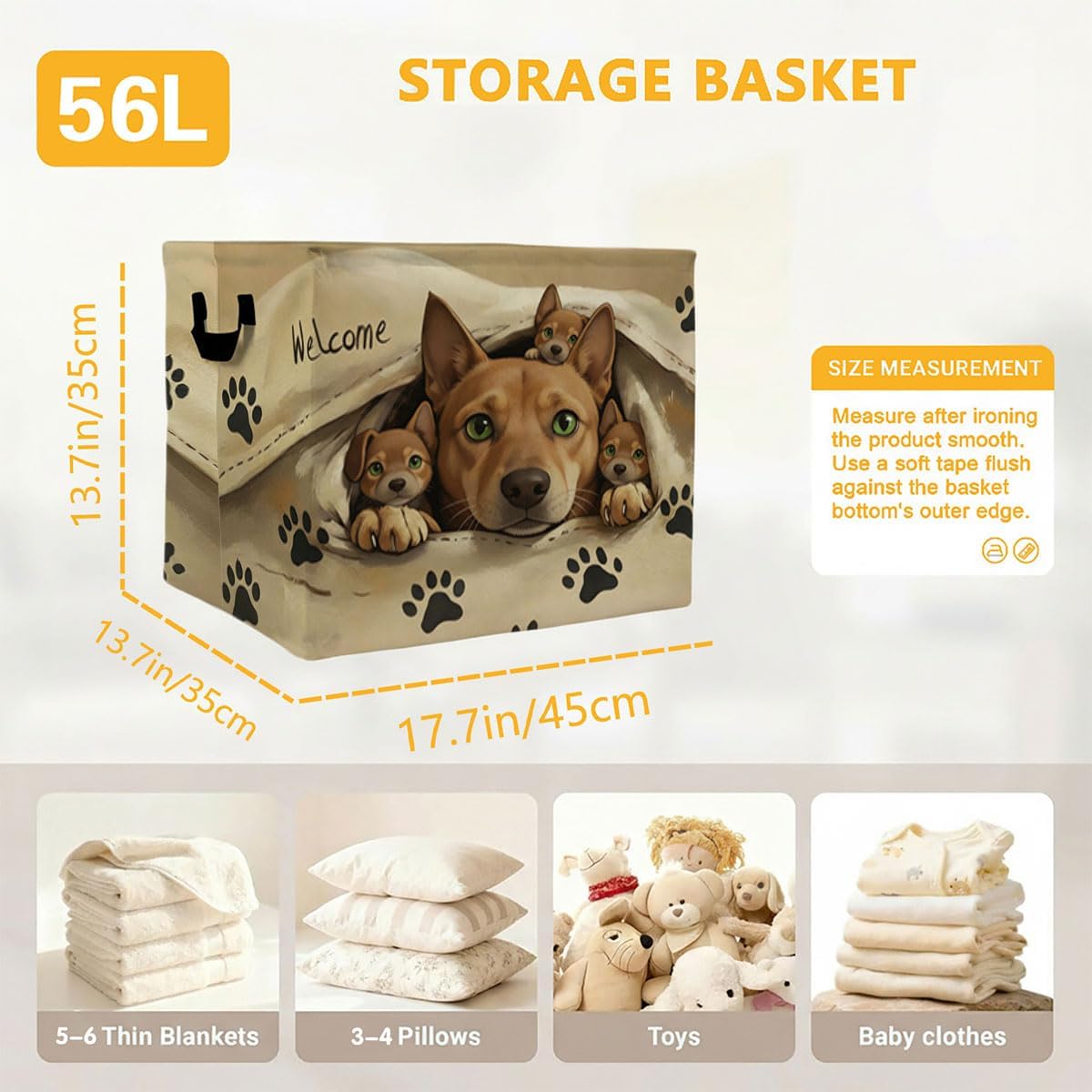 56L Dogs Laundry Basket Clothes Hamper with Handles,Foldable Blanket Storage Large Laundry Hamper with Waterproof PE,Toy Storage Bin Organizer,Cube Clothes Organizer,Home Decor