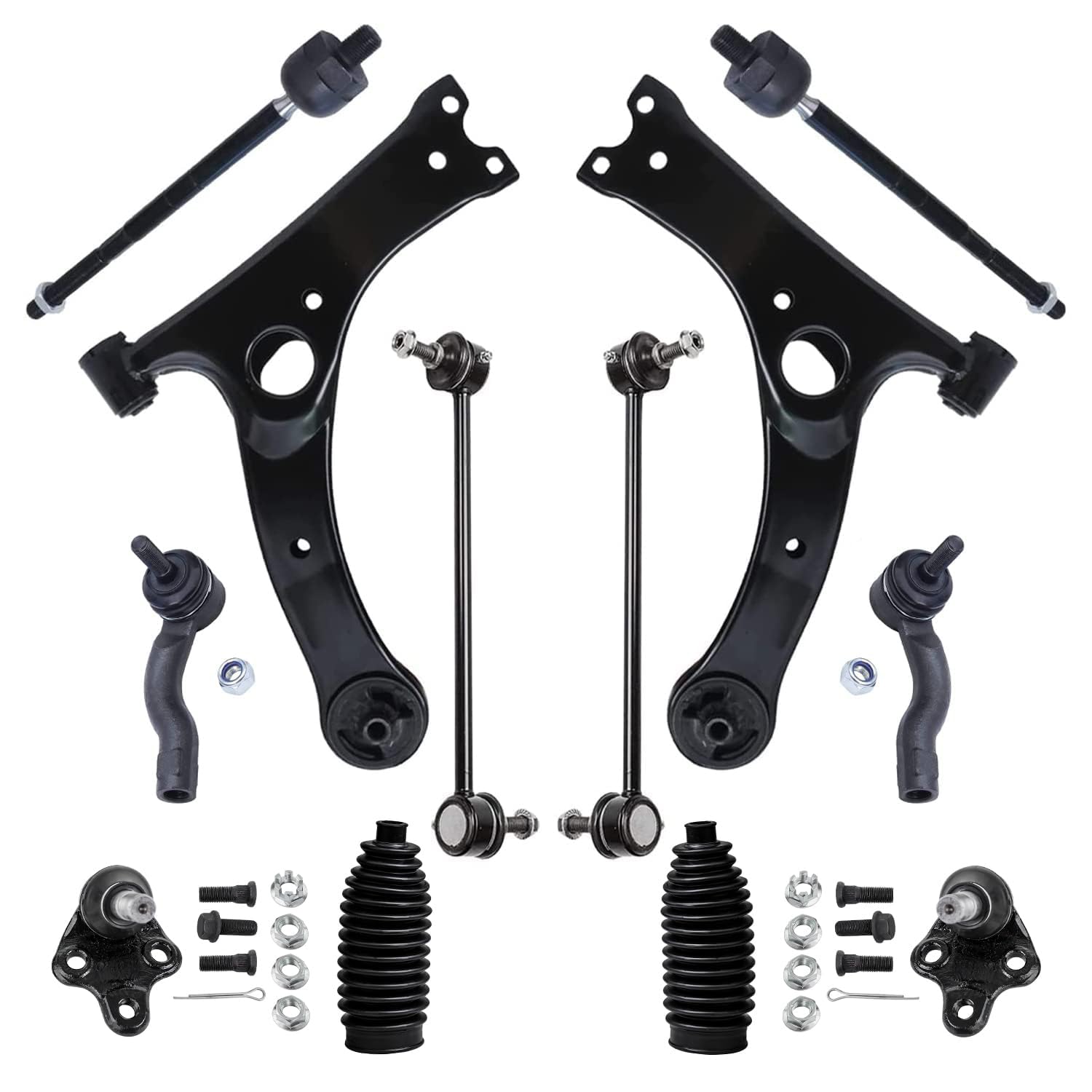 Detroit Axle - 12pc Front End Suspension Kit for Toyota Rav4 01-05, Lower Control Arms Sway Bars Tie Rods Boots &amp; Bellows Lower Ball Joints 2001 2002 2003 2004 2005 Replacement