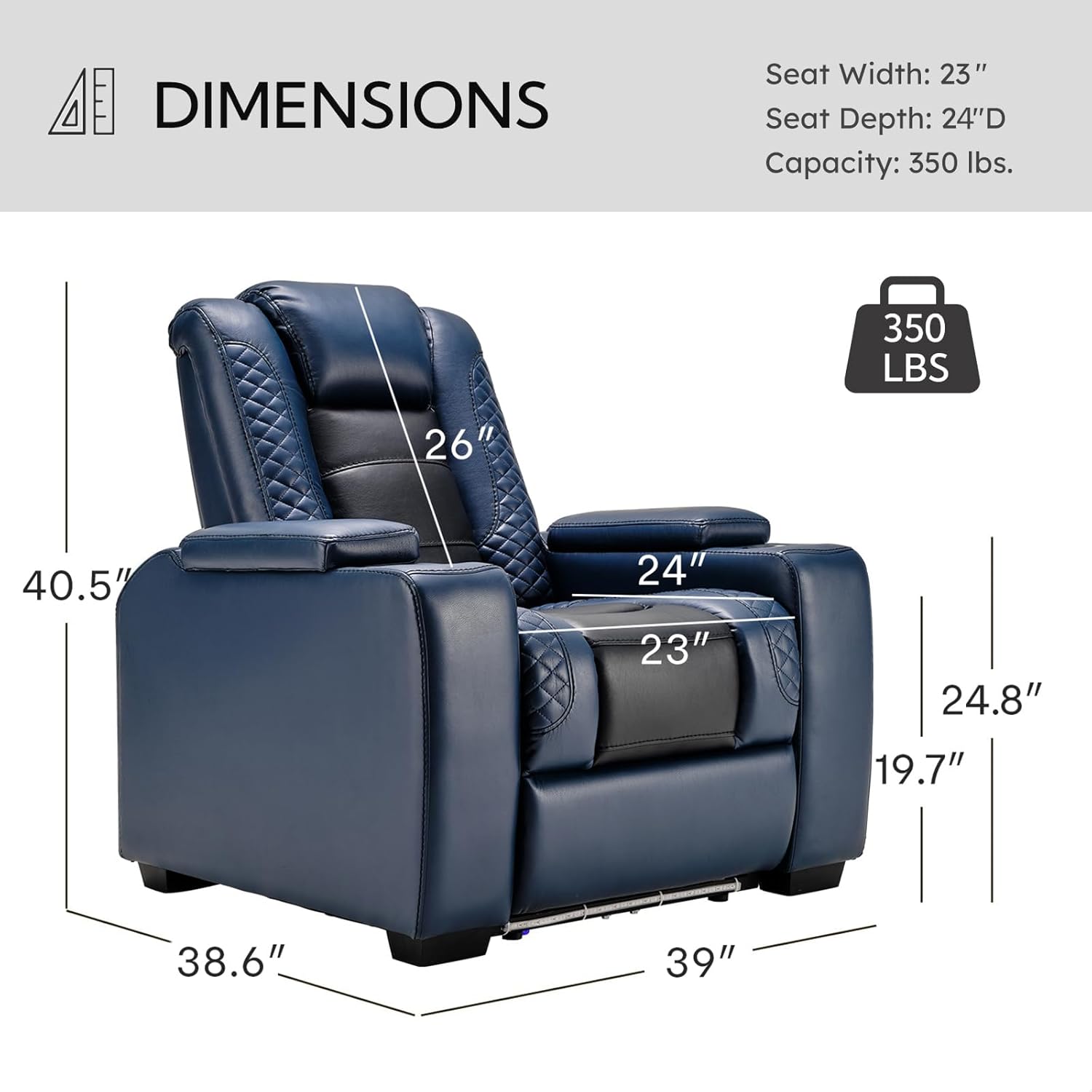 ANJ Power Home Theater Seating Recliner Chairs Set of 3, PU Leather Recliner & Cup Holder, Electric Movie Theater Reclining Chairs with Adjustable Headrest, Blue LED, Hidden Arm Storage (Black-Blue)