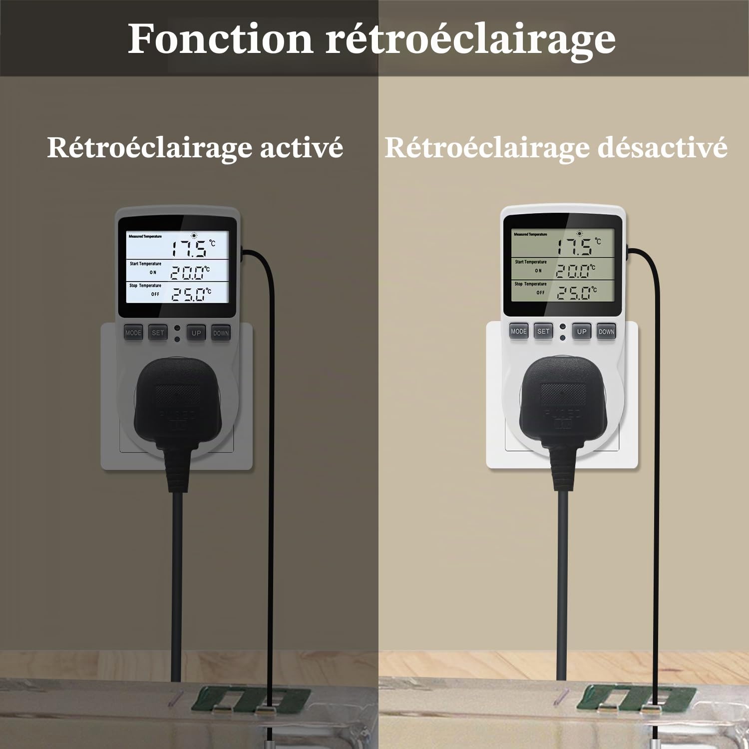 KETOTEK Prise Thermostat 220V avec rétro-éclairage, Sonde NTC de 3 Mètres