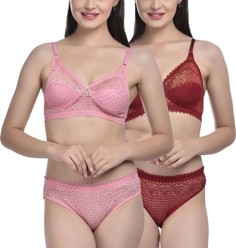Sexy Bridal Lace Bra & Panty Set for Women | Wire-Free Floral Lingerie | High Cut Honeymoon Innerwear with Adjustable Straps Pack of 2 (Pink-Maroon)-image-37