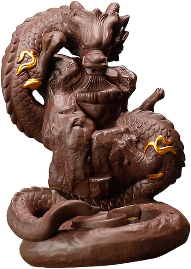 Dragon Backflow Incense Holder Purple Clay Censer with Dragon Statue Design for Home and Office Desktop Decor, Backflow Cone Incense Burner for Meditation and Aromatherapy