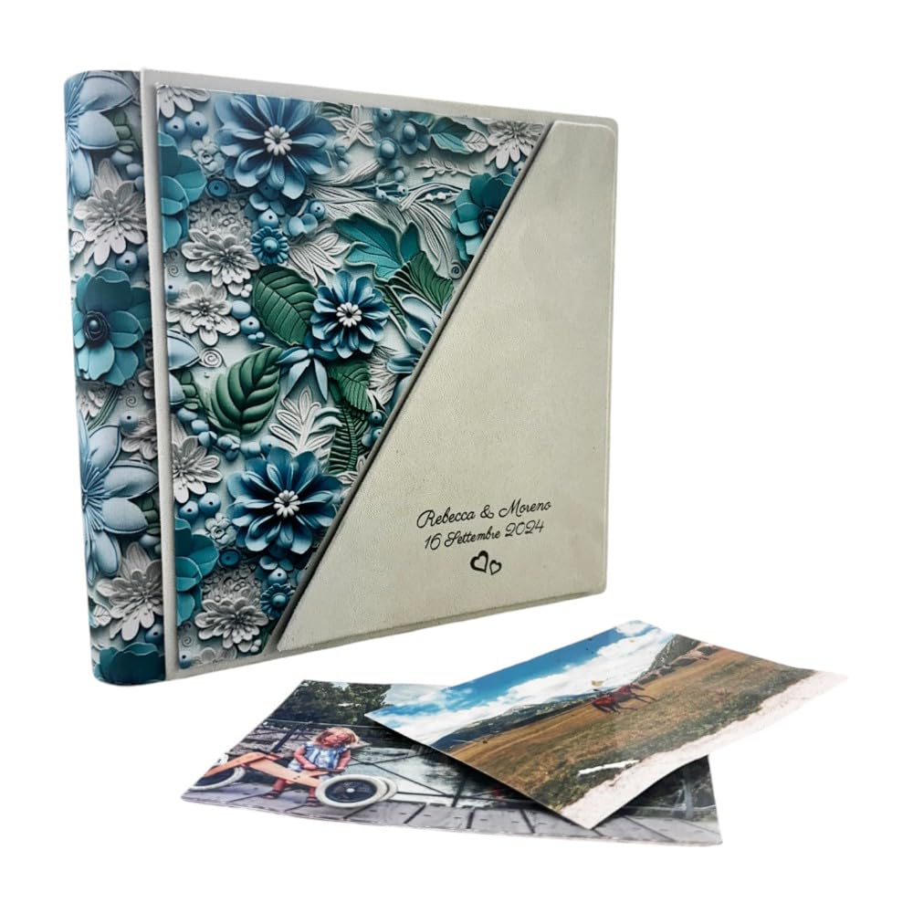 Album Fotografico Artigianale in Tessuto stampato 3D e Alcantara,Con o senza Incisione, classico con velina,Matrimonio,Compleanno,Wedding,Anniversario,Comunione,eventi (Inciso, Burro/Azzurro)
