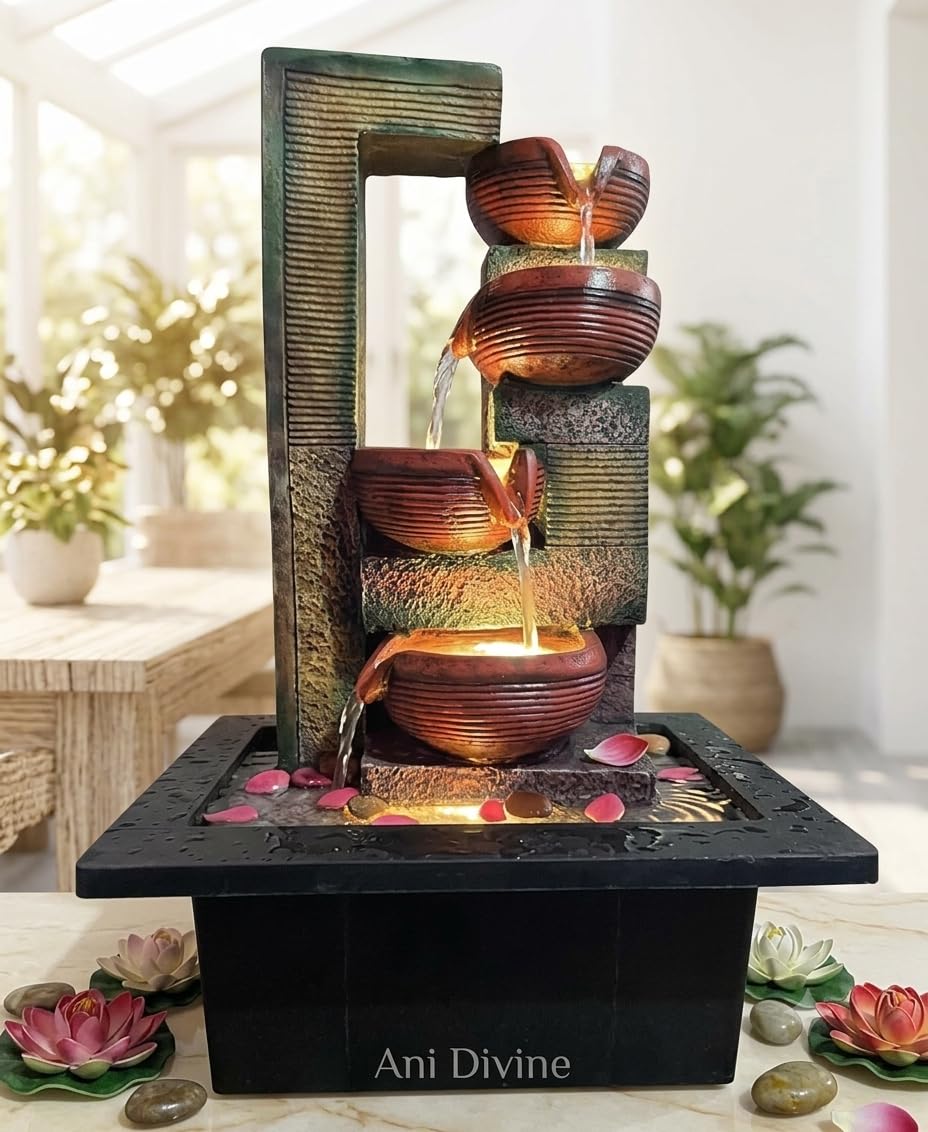 Ani Divine Modern LED Tabletop Water Fountain with Cascading Bowls | Indoor Waterfall Showpiece for Home Decor, Living Room, Office Desk, Meditation, Feng Shui & Housewarming Gift 2 feet-image-49