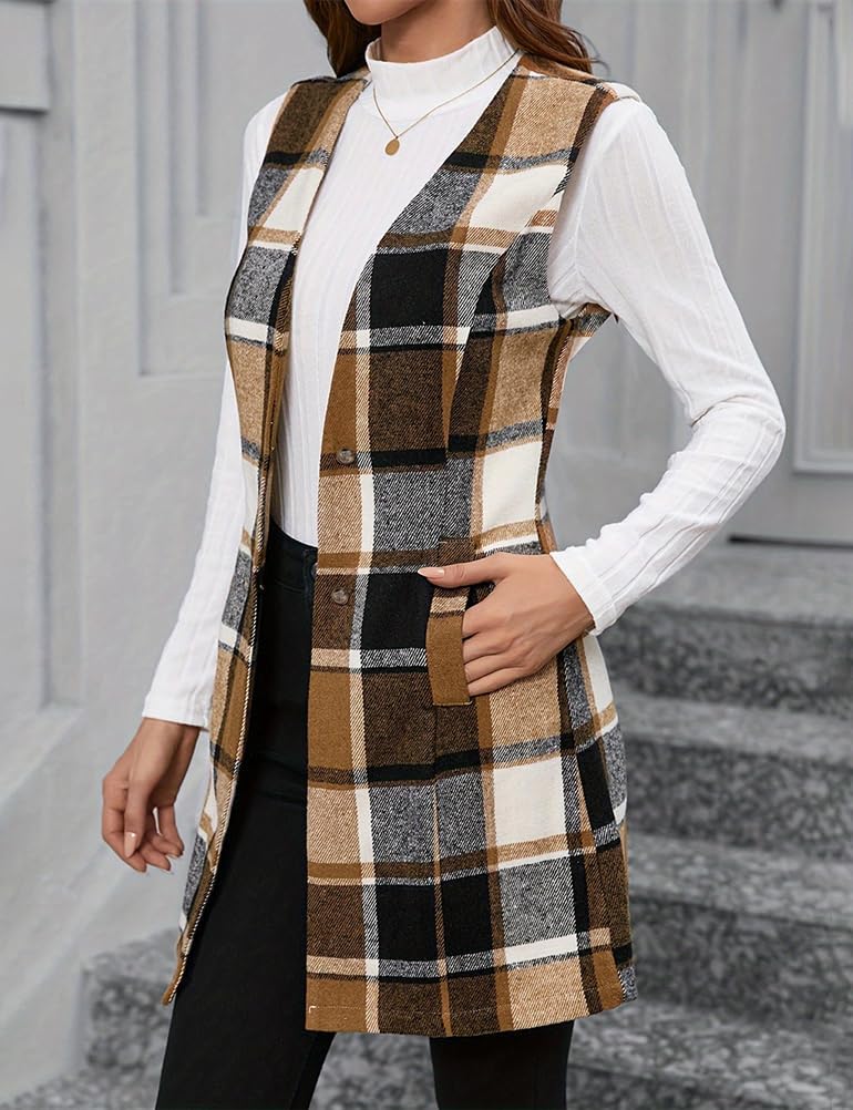 IDEALSANXUN Long Plaid Vest for Women Fall Winter Trench Coat Sleeveless Blazer Jacket Cardigan Wool Vest Top Waistcoat - Image 2