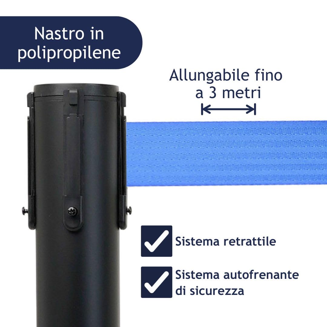 Danieli - Colonnina Segnapercorso con Nastro Estensibile Fino a 3 Metri, Metallo Nero Opaco, Base Conica (Blu)