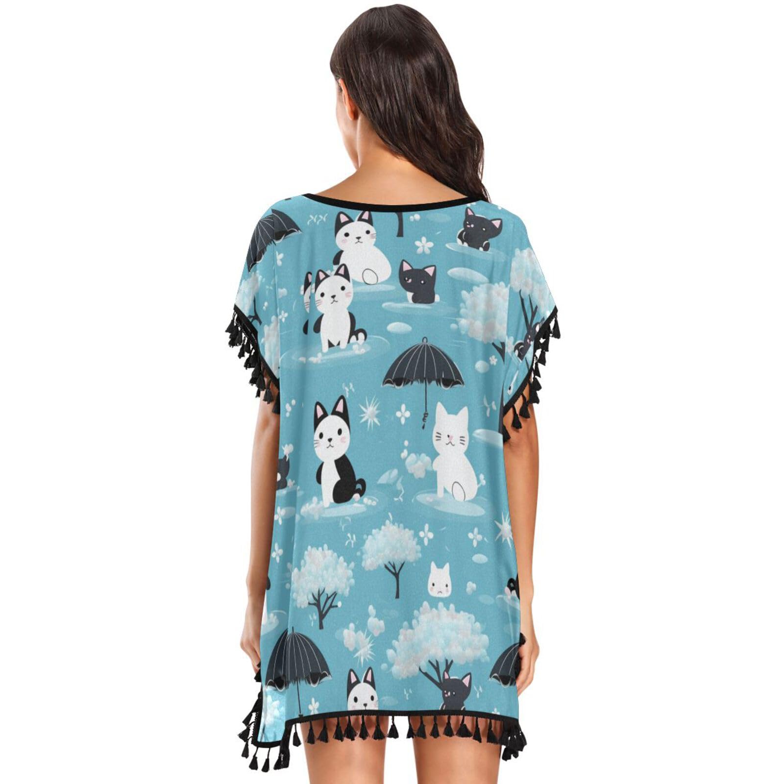 Cute Cats Umbrella Women's Beach Cover Up Chiffon Tassel Swimwear Swimsuit Coverups for Girl