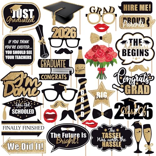 Graduation Decorations 2026 | Glitter Graduation Photo Props 2026 - Pack of 34 | Black and Gold Photo Props | Grad Photo Props for Congrats Grad Decorations | Graduation Party Decoration KatchOn