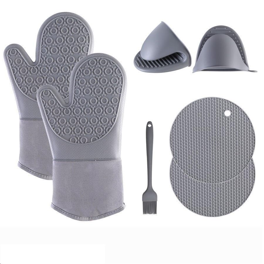 Lot de 5 gants de cuisine en silicone haute température, adaptés pour la cuisine au four et le barbecue (gris)