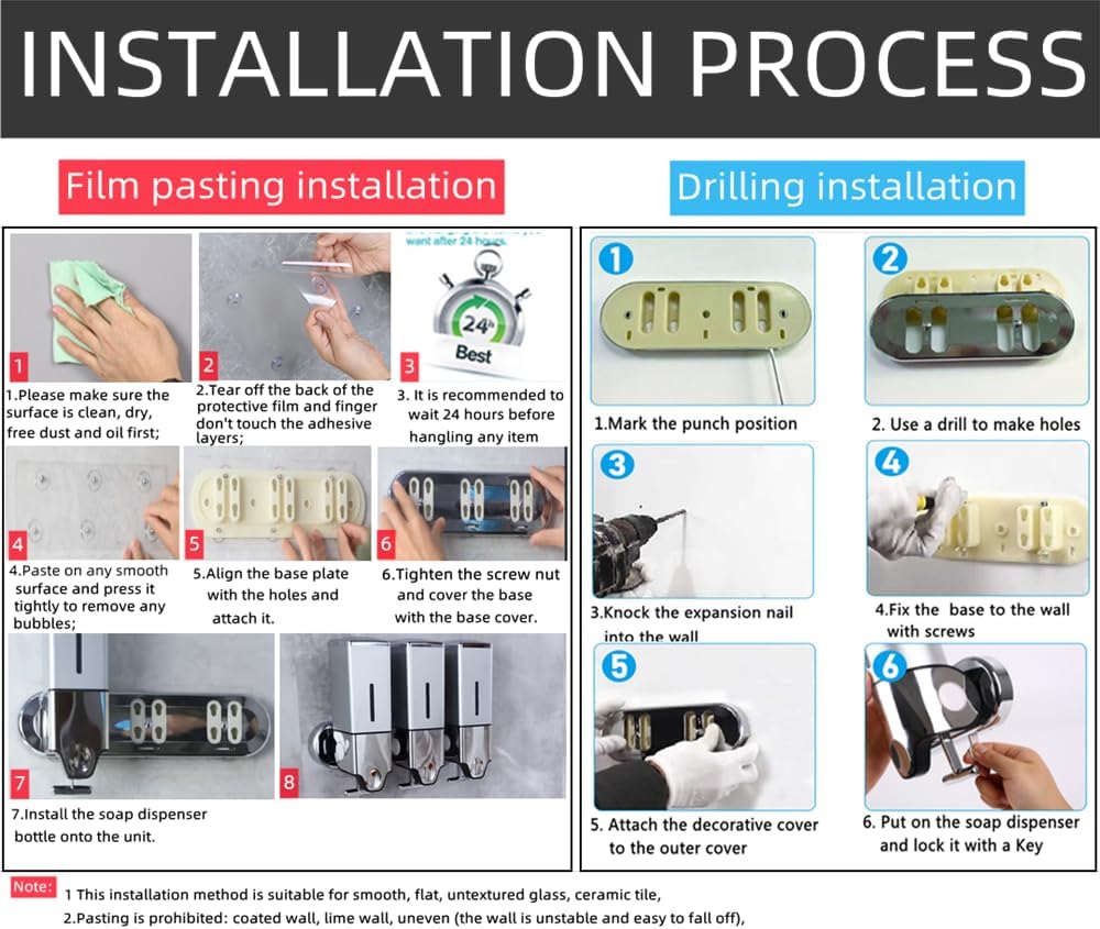 Wall Mounted Bathroom Shower Pump Dispenser,1000ml-Non Drill+Drill Soap Shampoo Conditioner Dispenser Wall Mount,Hand Pressure Liquid Soap Dispenser for Hotel, Home, School,Kitchen -(Black)