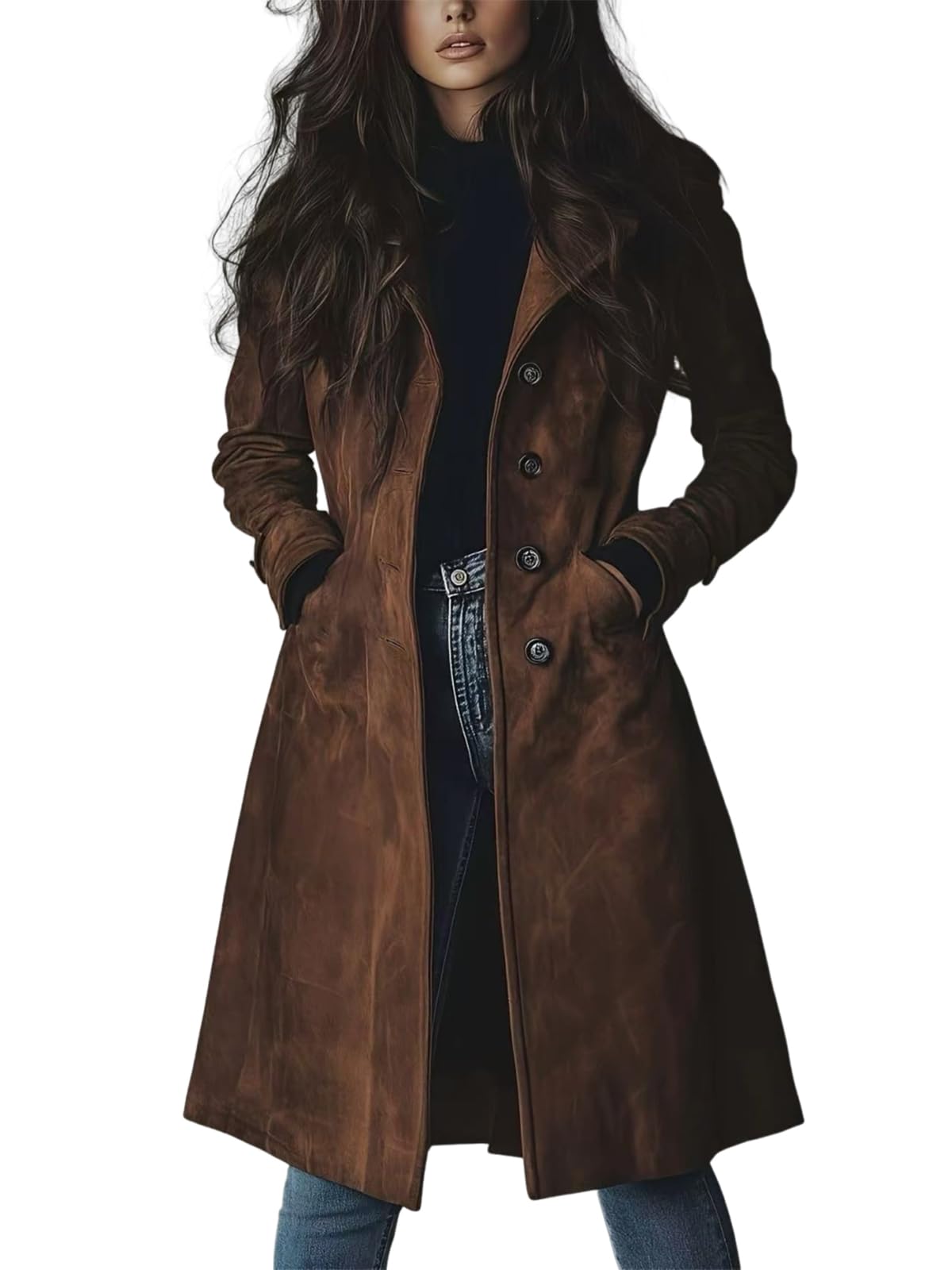 chouyatou Womens Fall Faux Suede Leather Trench Coat Casual Lapel Midi Long Dressy Blazer Jacket Coat with Pockets