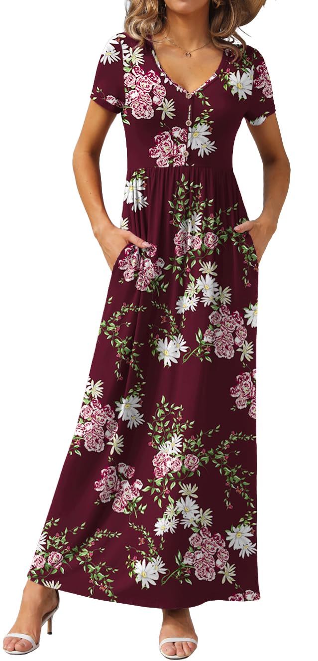 Womens Summer Long Maxi Dresses 2026 Short Sleeve V Neck Casual Button Dress with Pockets