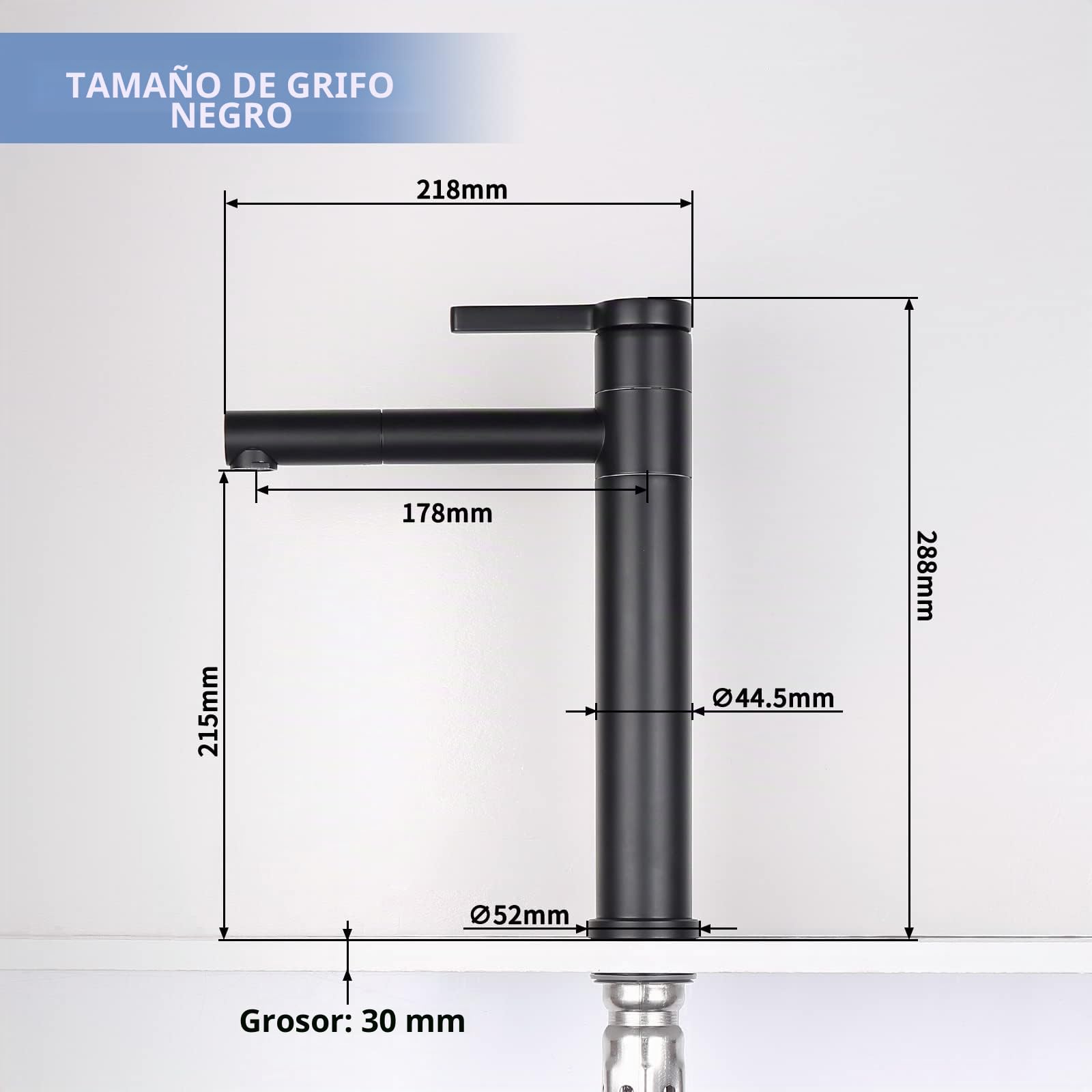 HOMELODY Grifo de baño negro alto con caño giratorio 360° y cuerpo – Grifo de acero inoxidable para baño con 215 mm de altura de caño – Fregadero monomando negro mate para lavabo superior