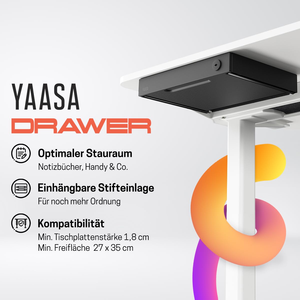 Yaasa Desk Drawer Schreibtisch Schublade, Schwarz – Abschließbare Unterbauschublade Schreibtisch im A4 Format mit Filz- & Stifteinlage, 5 kg Tragkraft – Schubladenbox, Schreibtisch Unterbau