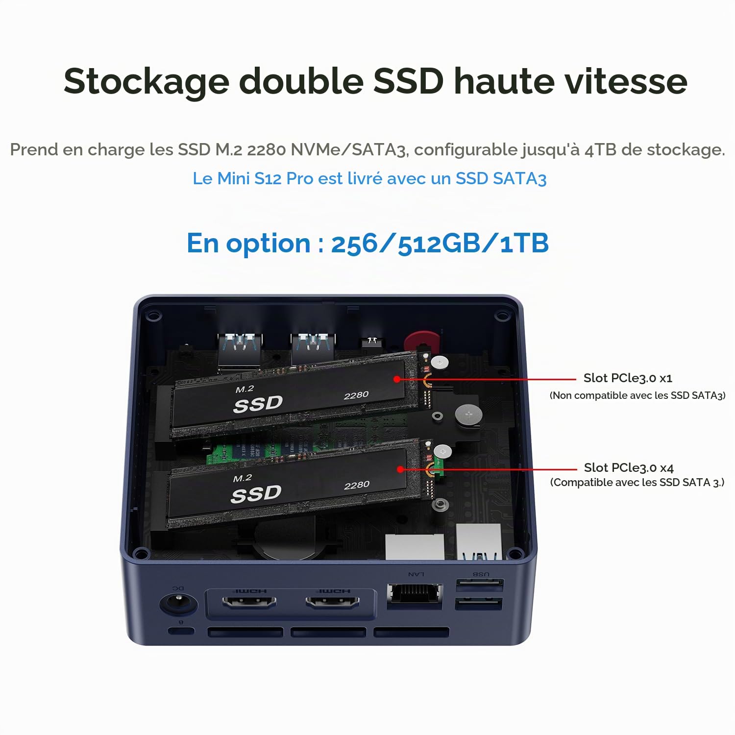 Beelink Mini PC 12e génération Alder Lake N100 (Turbo 3,4 GHz), Mini Ordinateur 16Go RAM DDR4 SSD 512 Go, Prend en Charge Deux écrans 4K indépendants, Wi-FI 6/BT5.2, Ethernet 2,5 G,Mini-PC de Bureau