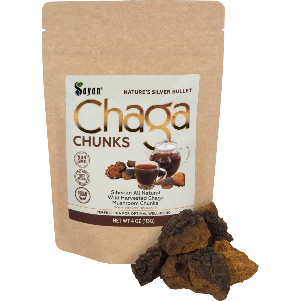 Sayan Siberian Pure Raw Chaga Mushroom Chunks with Black Top Crust 4 Oz / 113 g – Premium Wild-Harvested Antioxidant Tea for Immune Support, Focus and Digestive Health - Non-GMO