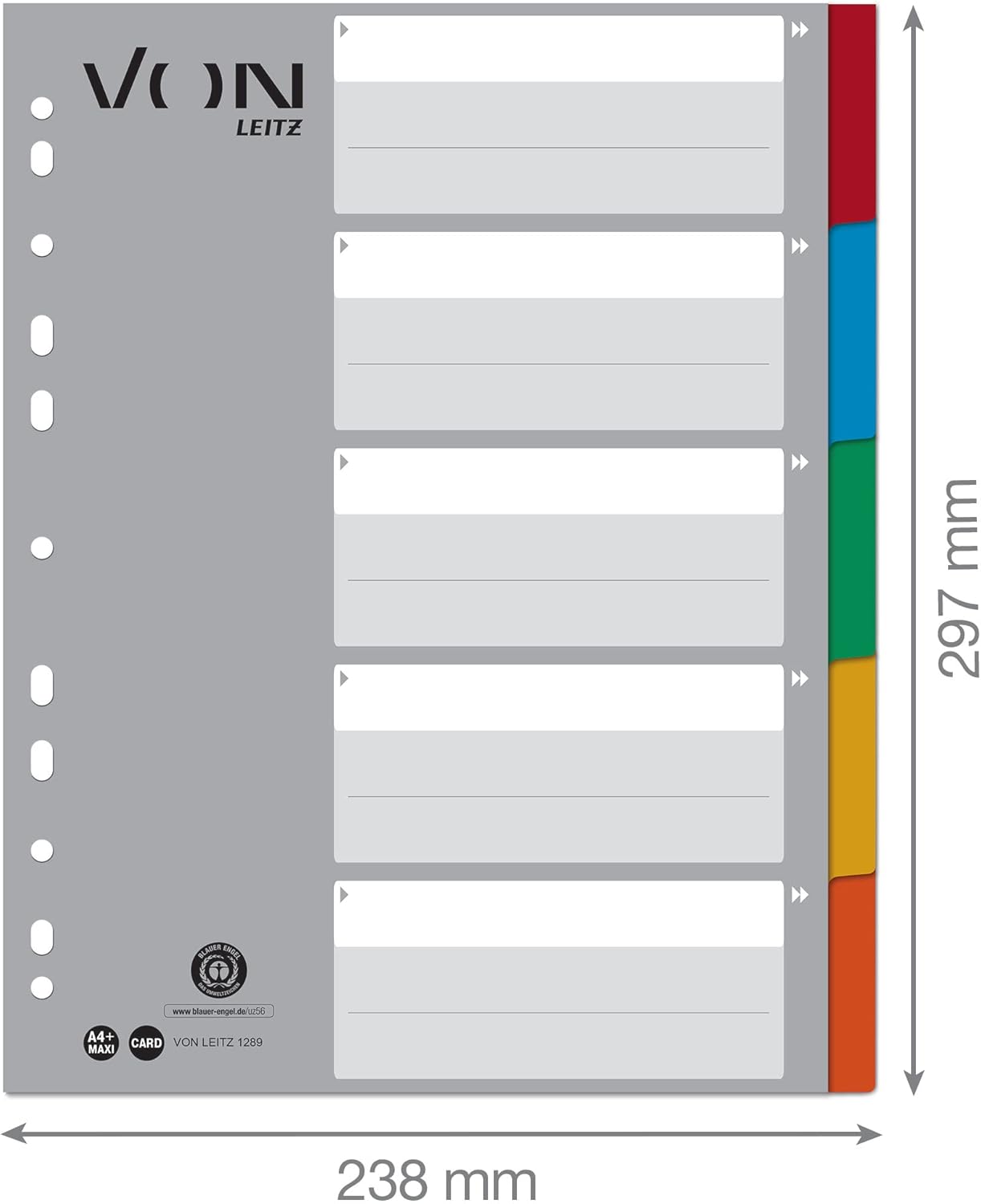 VON Leitz 12890000 Pack of 10 5-Piece A4 Index Blank Dividers for Folders, Von Leitz Leitz, Extra Wide, 100% Recycled Cardboard, 11-Hole Universal Index, Multicoloured