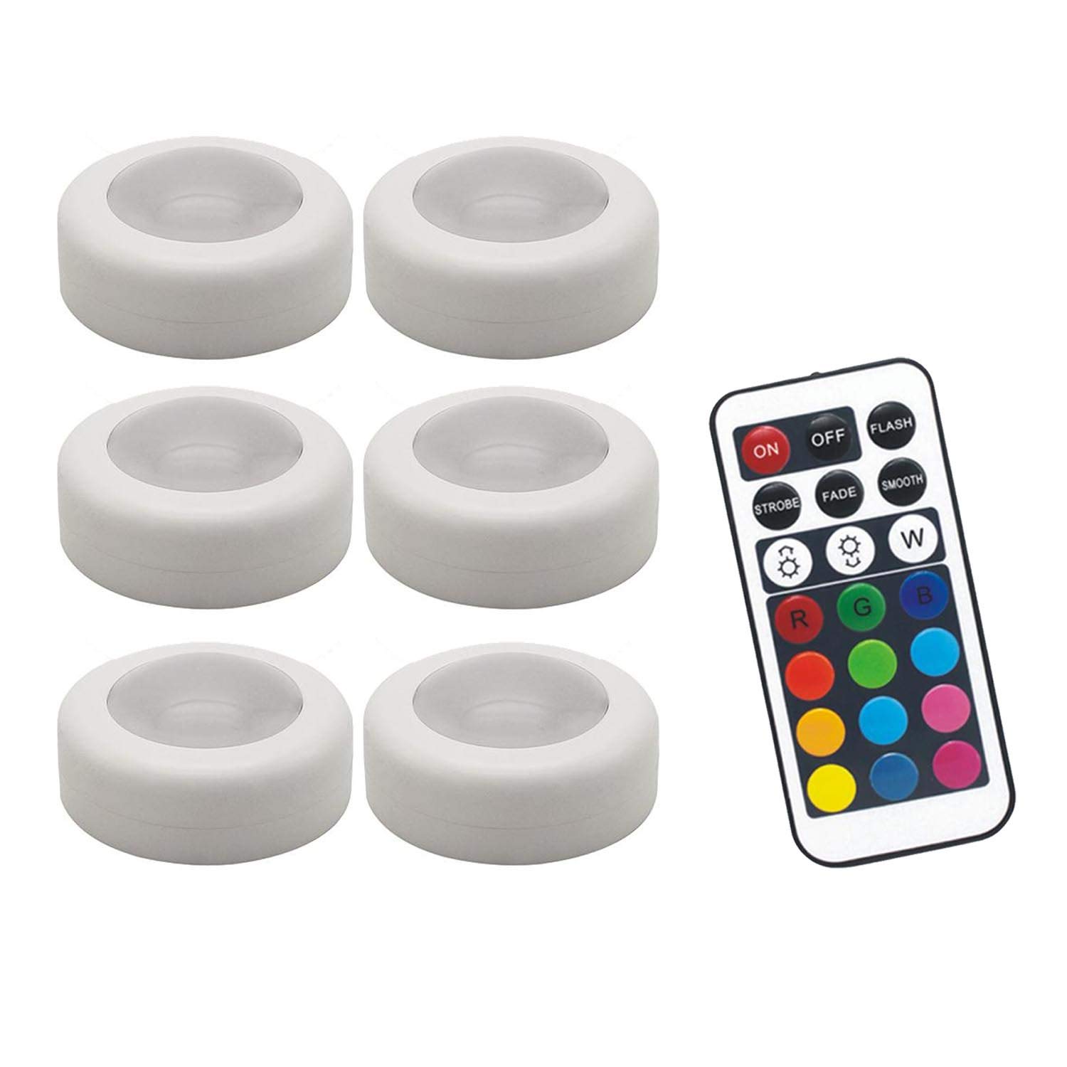 Ex-Pro Wireless LED Colour Changing Torch Puck Lights with RGB LEDs & Remote Control, Dimmable, Battery Powered, for Under Cabinets, Cupboard, Kitchen, Wardrobe - 6 Pack