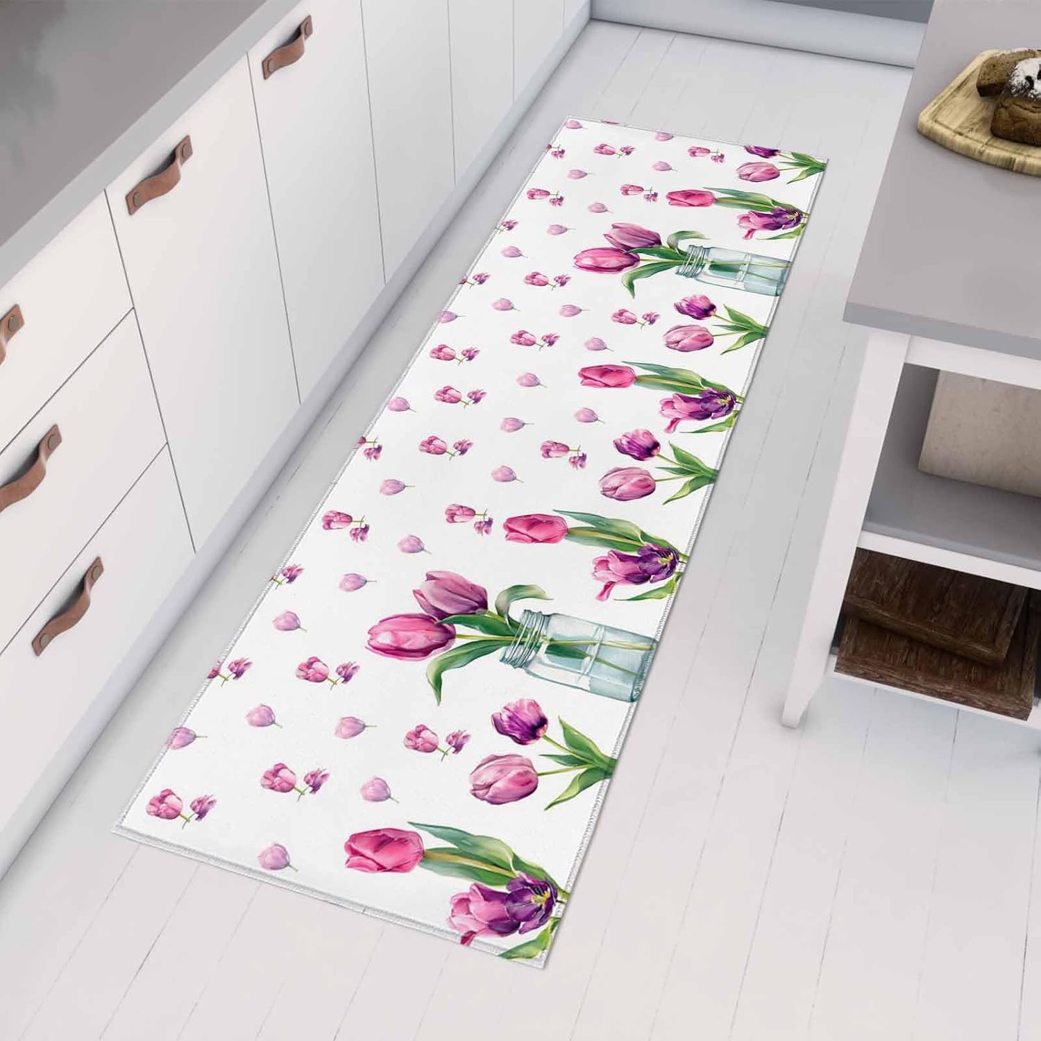 Teamery Kitchen Mats for Floor Pastoral Pink Flower Leaf Washable Non Slip Kitchen Rugs 1PCS, Summer Country Tulips Floral Absorbent Standing Mats for Sink Bathroom Office Living Room 23.6x70.9in
